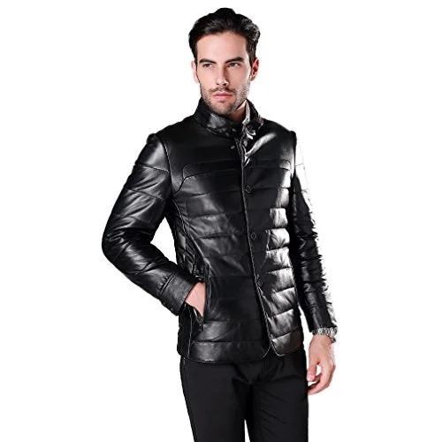 Fur Story Men's Genuine Sheep Leather Down Coat Jacket with Mink Fur Collar Full Sleeve (Black)