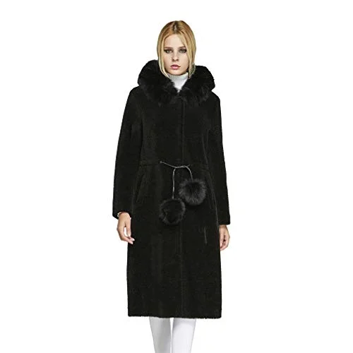 fur story Women's Fur Coat with Hood and Pompom Long Fur Jacket for Winter 18133