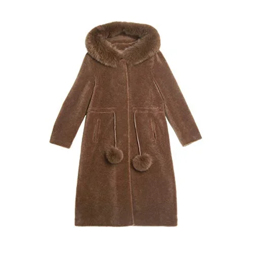 fur story Women's Fur Coat with Hood and Pompom Long Fur Jacket for Winter 18133