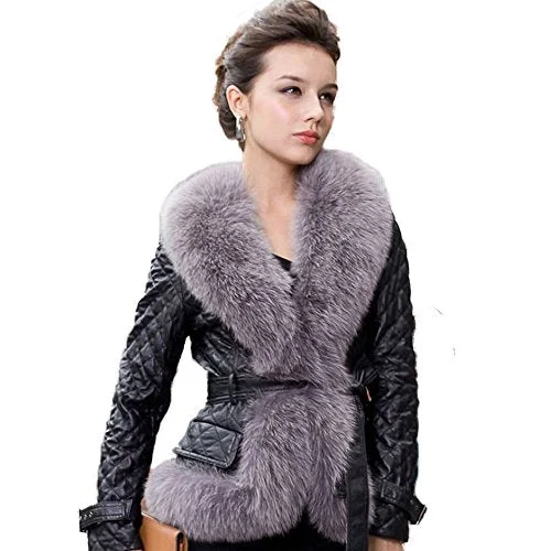 fur story Women's Genuine Sheep Leather Coat Fox Fur Collar