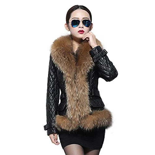 fur story Women's Genuine Sheep Leather Coat Fox Fur Collar