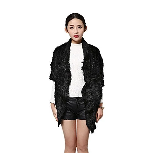 Fur Story Women's Knitted Fur Coat with Genuine Rabbit Fur Thick Warm Fur Vest Black