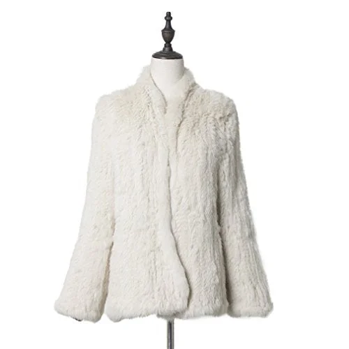 fur story Women's Knitted Fur Coat with Real Rabbit Fur Thick Warm Coat Full Sleeve V Neck