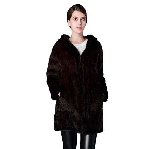 Fur Story Women's Knitted Long Real Mink Fur Coat with Fur Hood Full Sleeve V Neck