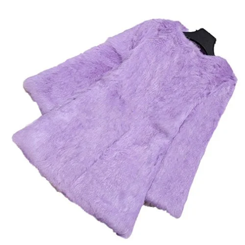 Fur Story Women's Long Fur Coat with Real Rabbit Fur Thick Warm Nine Points Sleeve O Neck US 10 (Purple)