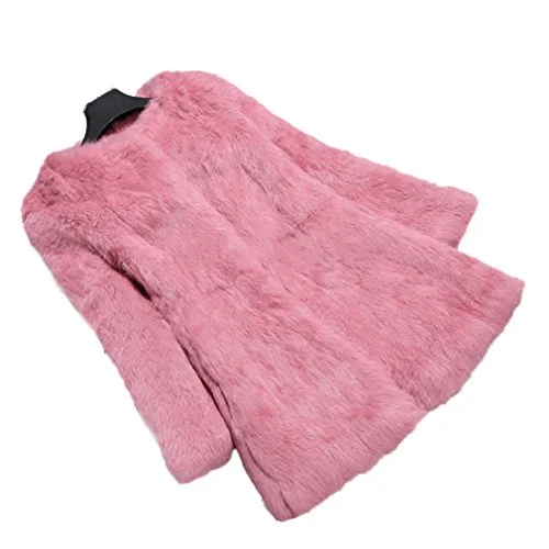 Fur Story Women's Long Fur Coat with Real Rabbit Fur Thick Warm Nine Points Sleeve O Neck US 6 (Dark Pink)