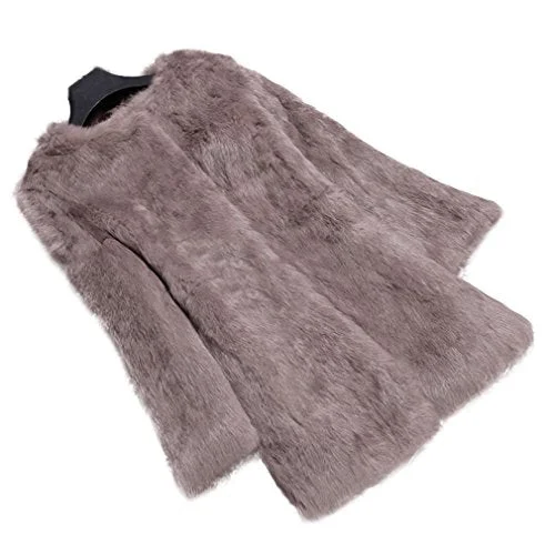 Fur Story Women's Long Fur Coat with Real Rabbit Fur Thick Warm Nine Points Sleeve O Neck US 6 (Pale Mauve)