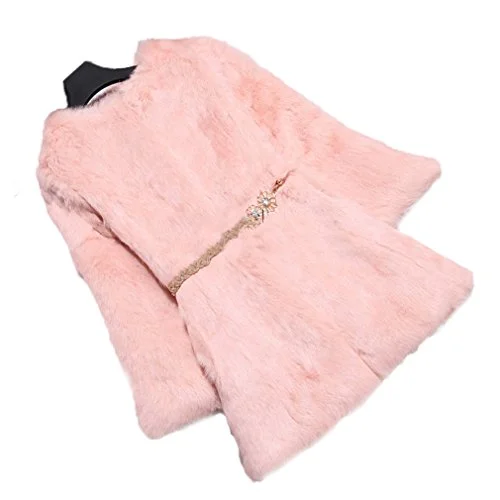 Fur Story Women's Long Fur Coat with Real Rabbit Fur Thick Warm Nine Points Sleeve O Neck US 8 (Light Pink)