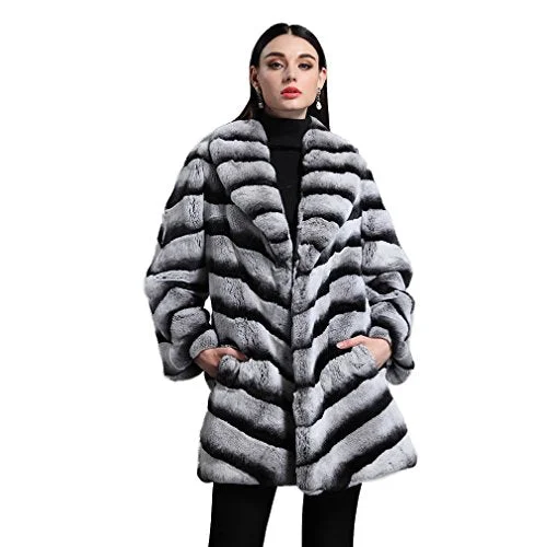 fur story Women's Long Fur Coat with Real Rex Rabbit Fur Stripes Full Sleeve Turn Down Collar 161139