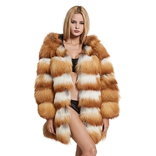 fur story Women's Long Genuine Fox Fur Coat with Hood Thick Warm Coat Full Sleeve O Neck