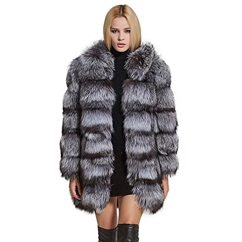 fur story Women's Long Genuine Fox Fur Coat with Hood Thick Warm Coat Full Sleeve O Neck