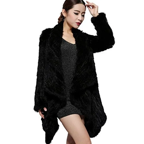 Fur Story Women's Long Knitted Real Rabbit Fur Coat