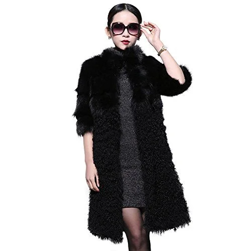 fur story Women's Long Real Fox Fur Coat with Real Lamb Fur Hem Thick Warm Coat Half Sleeve Mandarin Collar