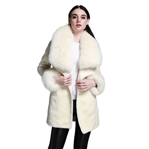 fur story Women's Long Real Lamb Fur Coat with Fox Fur Collar Thick Warm Coat Full Sleeve