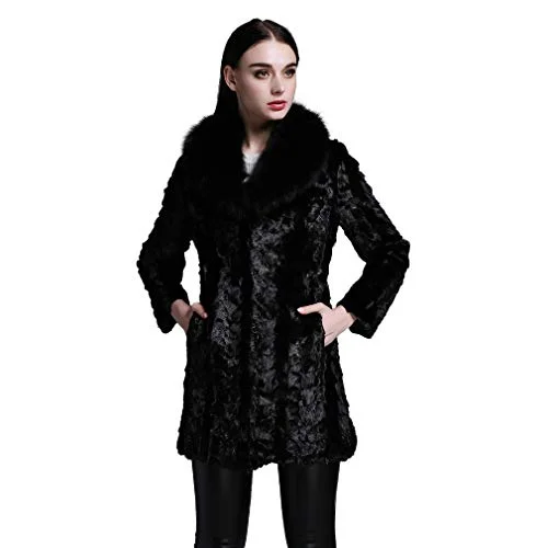 fur story Women's Long Real Mink Fur Coat with Fox Fur Collar Full Sleeve Thick Warm Coat