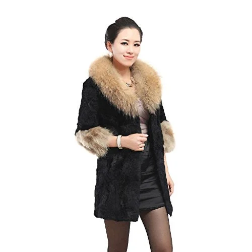 fur story Women's Long Real Rabbit Fur Coat Raccoon Fur Collar