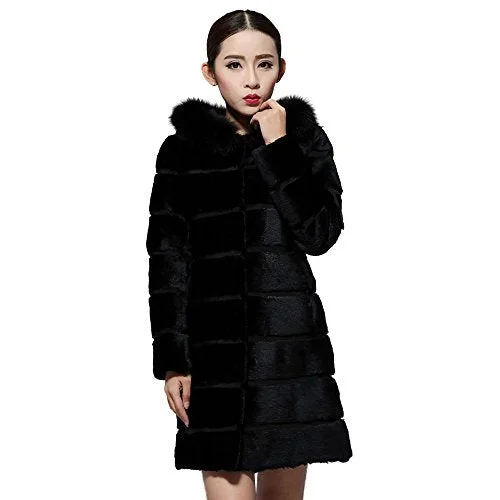 fur story Women's Long Real Rabbit Fur Coat with Fox Fur Trim Hood