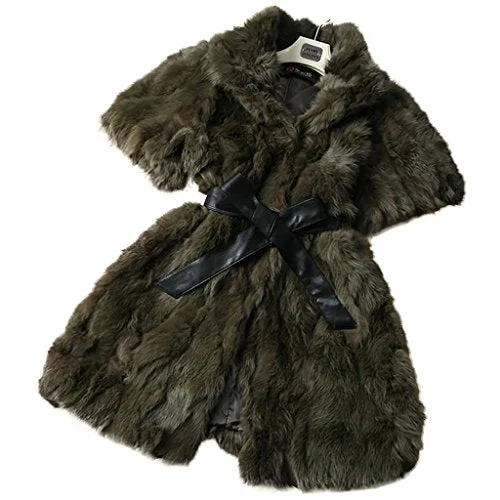 fur story Women's Long Real Rabbit Fur Coat with Plus Size Coat