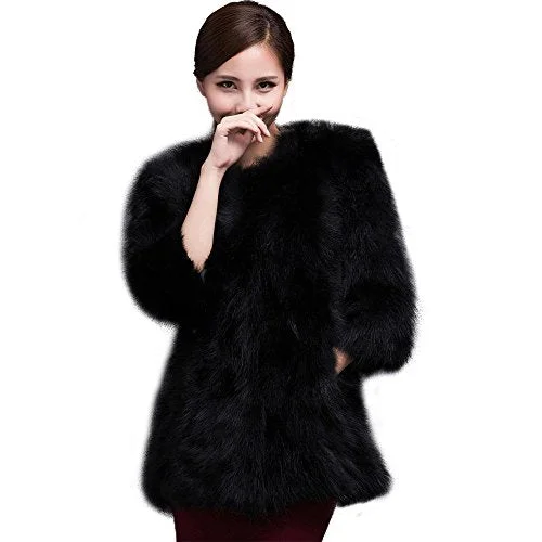 fur story Women's Long Real Raccoon Fur Coat 3/4 Sleeve