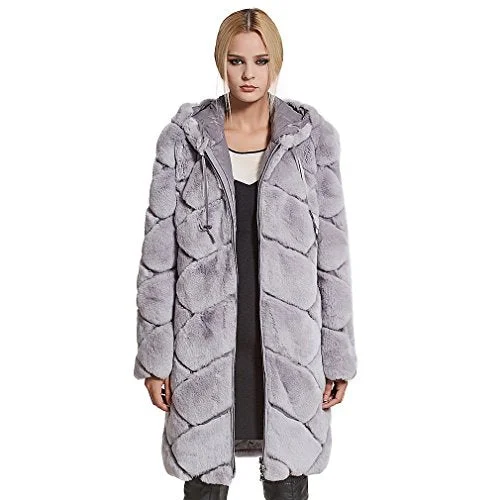 Fur Story Women's Long Real Rex Rabbit Fur Coat with Genuine Sheep Leather Full Sleeve O Neck US4 (Gray)