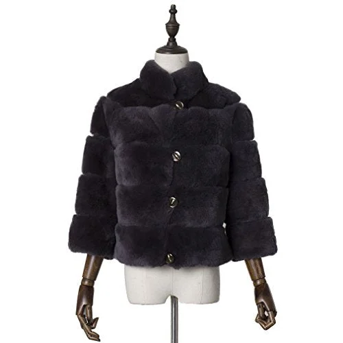 fur story Women's Long Real Rex Rabbit Fur Coat with Sheep Leather Warm Coat Full Sleeve Stand up Collar