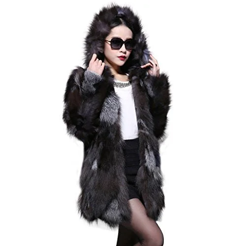 fur story Women's Long Real Silver Fox Fur Coat with Hood 14199