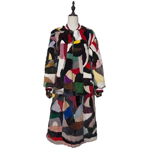 Fur Story Women's Long Reversible Real Mink Fur Coat Double-Wear Coat Nine Points Sleeve O Neck Multicolor