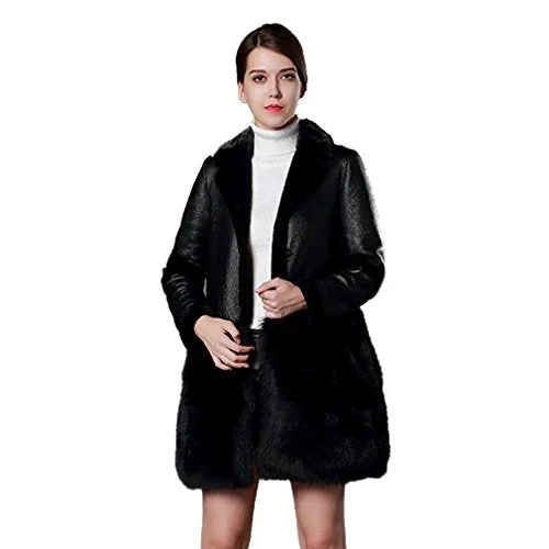 Fur Story Women's Middle Long Fur Coat with Real Fox Fur Thick Warm Coat Single Breasted Nine Points Sleeve O Neck (Black)