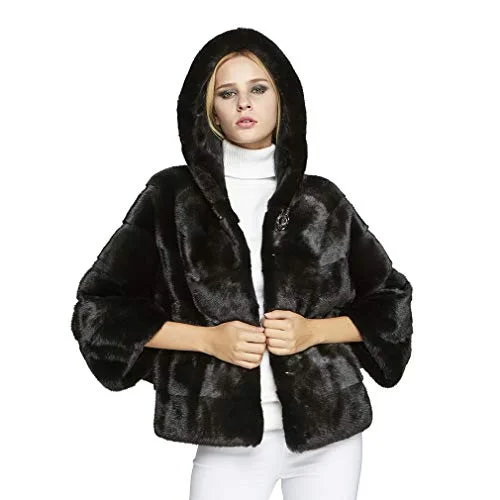 Fur Story Women's Mink Fur Coat with Hood Short Winter Fur Jacket with Batwing 3/4 Sleeve Black 18122