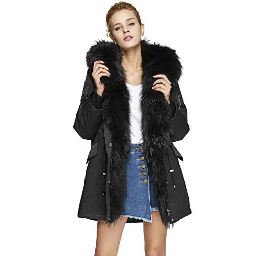 fur story Women's Parka Jacket with Raccoon Fur Hood Thick Fur Coat for Winter with Detachable Fur Lining 18111