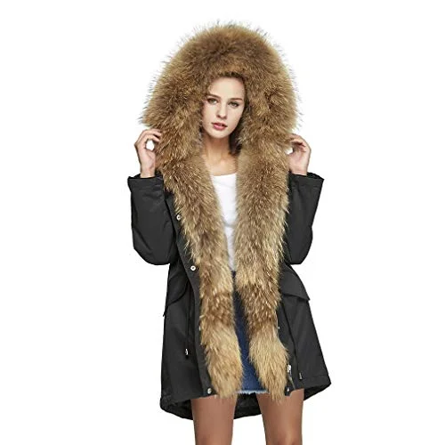 fur story Women's Parka Jacket with Raccoon Fur Hood Thick Fur Coat for Winter with Detachable Fur Lining 18111