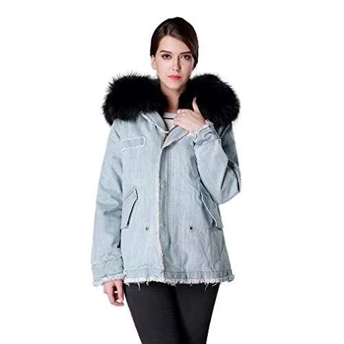 Fur Story Women's Real Fur Coat with Fox Fur Lining and Raccoon Fur Collar Full Sleeve