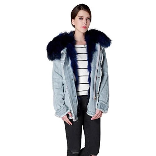 Fur Story Women's Real Fur Coat with Fox Fur Lining and Raccoon Fur Collar Full Sleeve