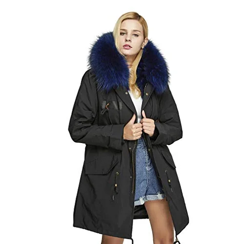 Fur Story Women's Real Fur Parka Jacket with Raccoon Fur Thick Hooded Long Fur Coat for Winter Blue US10 Short 18104