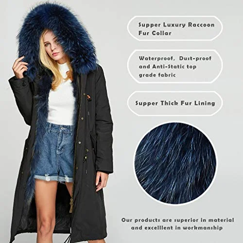 Fur Story Women's Real Fur Parka Jacket with Raccoon Fur Thick Hooded Long Fur Coat for Winter Dark Blue US6 18104