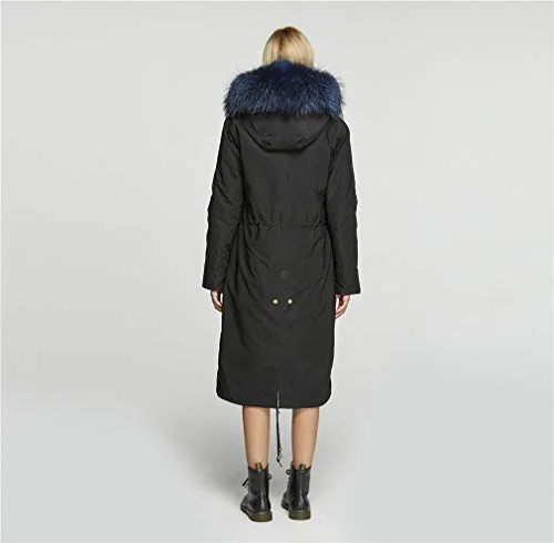 Fur Story Women's Real Fur Parka Jacket with Raccoon Fur Thick Hooded Long Fur Coat for Winter Dark Blue US6 18104