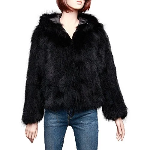 fur story Women's Real Raccoon Fur Coat with Hood Thick Warm Coat Full Sleeve O Neck