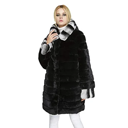 Fur Story Women's Rex Rabbt Fur Coat with Hood Long Fur Jacket for Winter US12 18134 Black