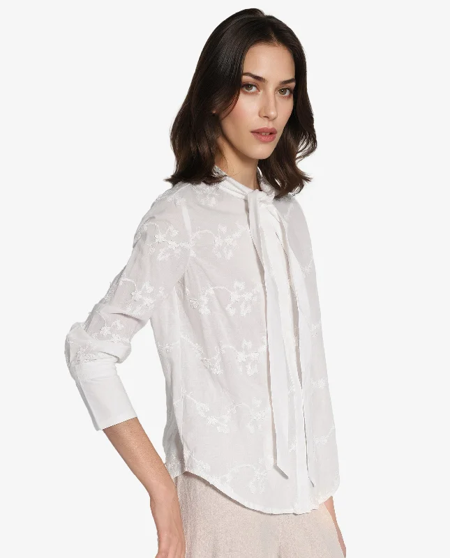 Rareism Women'S Jeneiro White Cotton Fabric Cuffed Sleeves Tie Up Neck Plain Shirt