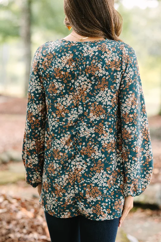 Let's Be Clear Teal Blue Ditsy Floral Bubble Sleeve Blouse