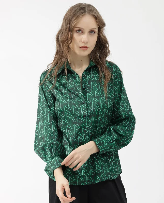 Rareism Women'S Lindsay Dark Green Polyester Fabric Full Sleeves Button Closure Collared Neck Cuffed Sleeve Regular Fit Monogram Top