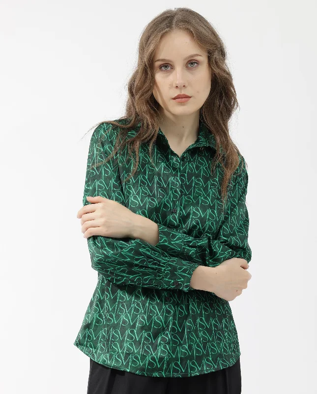 Rareism Women'S Lindsay Dark Green Polyester Fabric Full Sleeves Button Closure Collared Neck Cuffed Sleeve Regular Fit Monogram Top