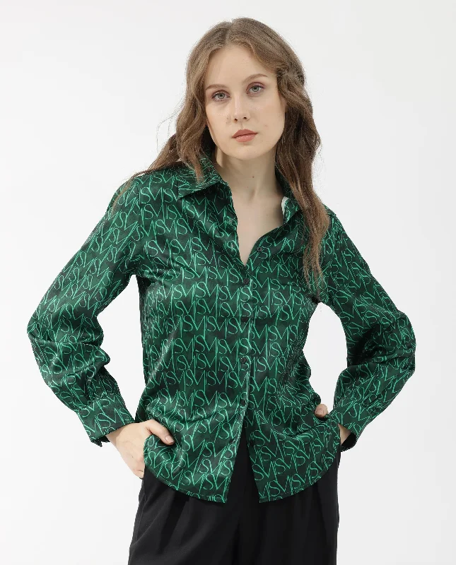 Rareism Women'S Lindsay Dark Green Polyester Fabric Full Sleeves Button Closure Collared Neck Cuffed Sleeve Regular Fit Monogram Top