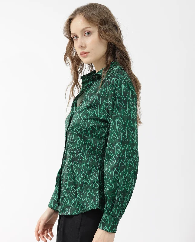 Rareism Women'S Lindsay Dark Green Polyester Fabric Full Sleeves Button Closure Collared Neck Cuffed Sleeve Regular Fit Monogram Top