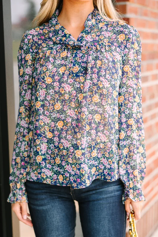 Live Your Life Navy Blue Ditsy Floral Blouse