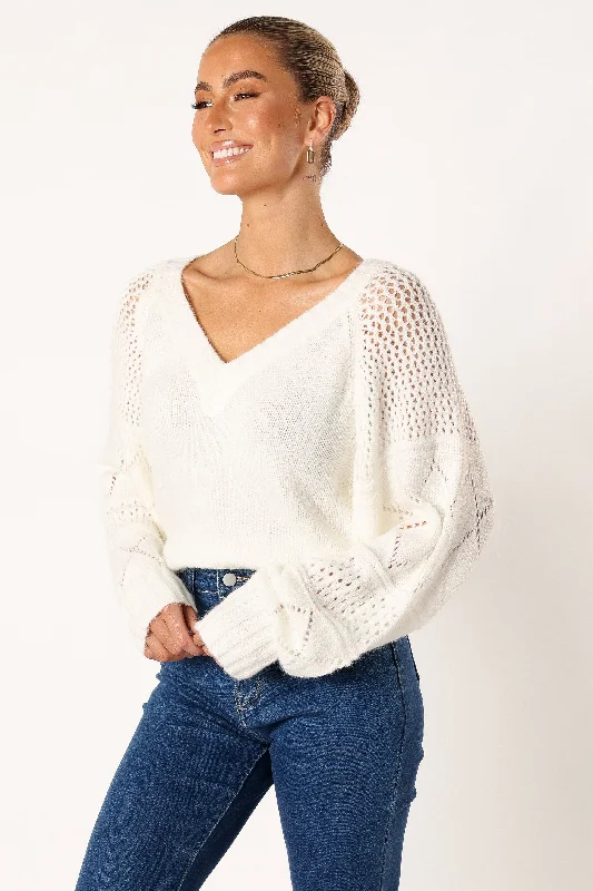 Lottie V Neck Texture Sleeve Knit Sweater - White