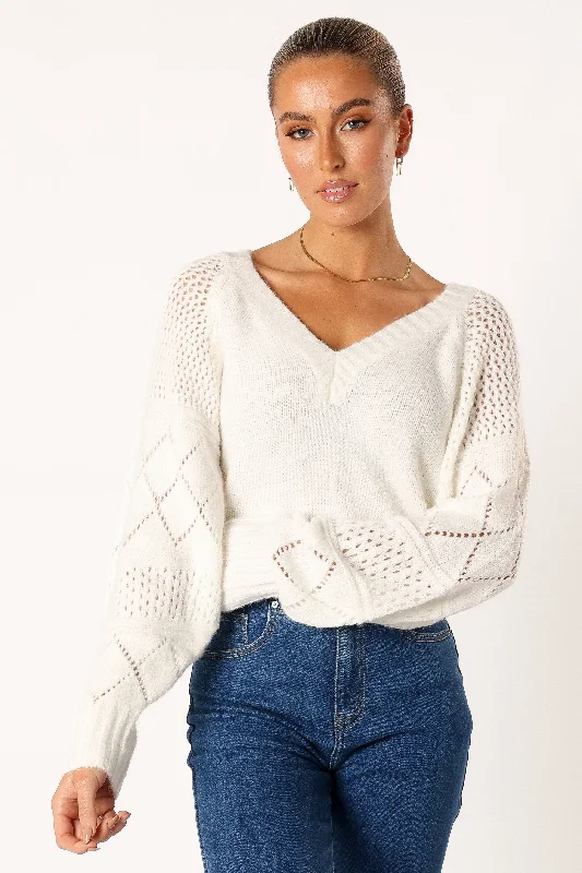 Lottie V Neck Texture Sleeve Knit Sweater - White