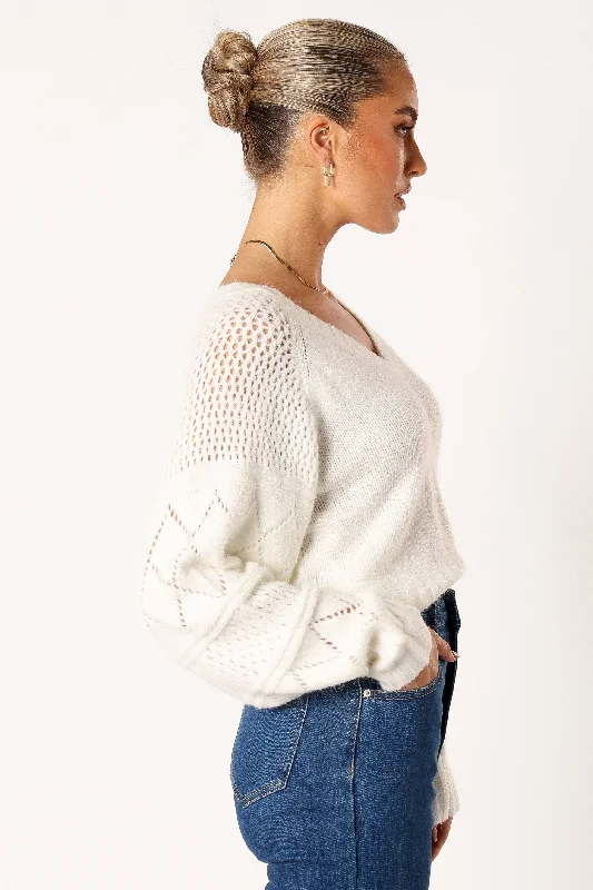 Lottie V Neck Texture Sleeve Knit Sweater - White