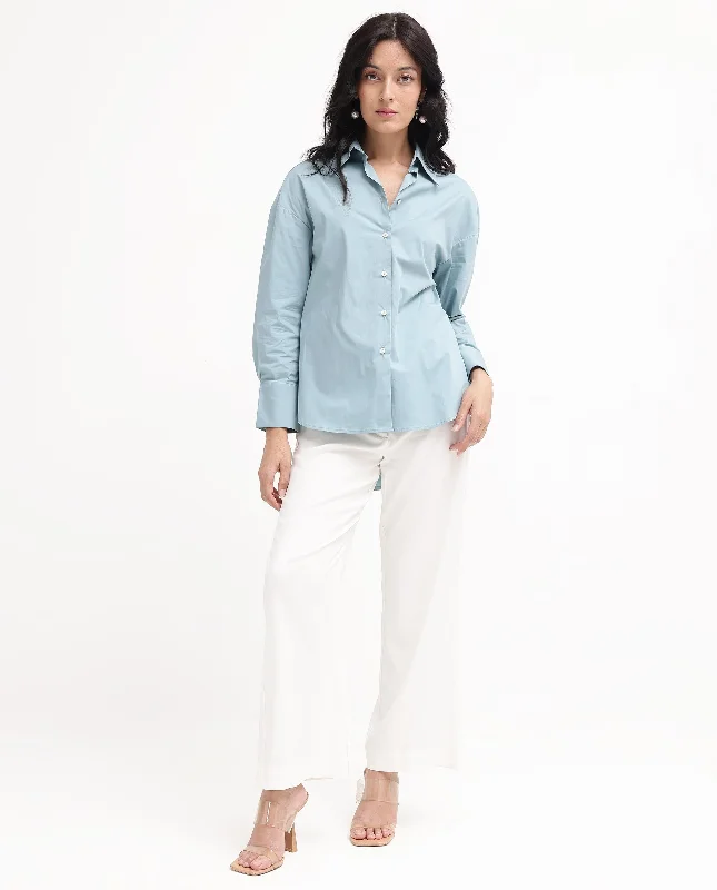 Rareism Women'S Matsue Light Blue Cotton Fabric Full Sleeve Collared Neck   Solid Shirt