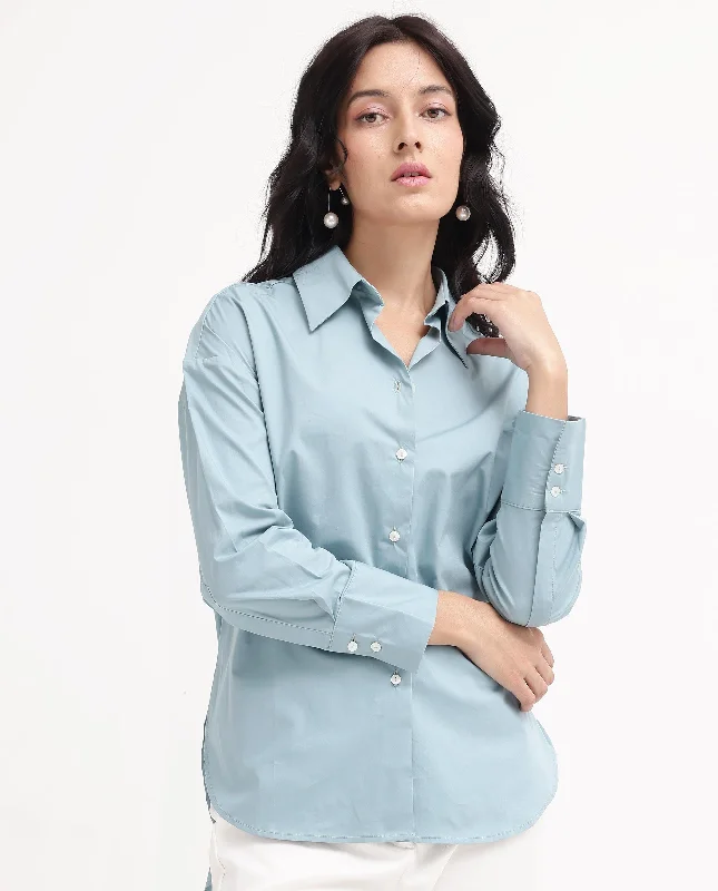 Rareism Women'S Matsue Light Blue Cotton Fabric Full Sleeve Collared Neck   Solid Shirt